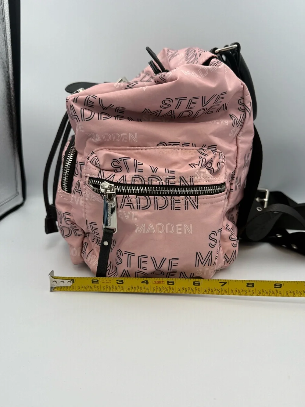 Steve Madden Pink Nylon Mini Backpack All Over Logo Spellout Drawstring Flap